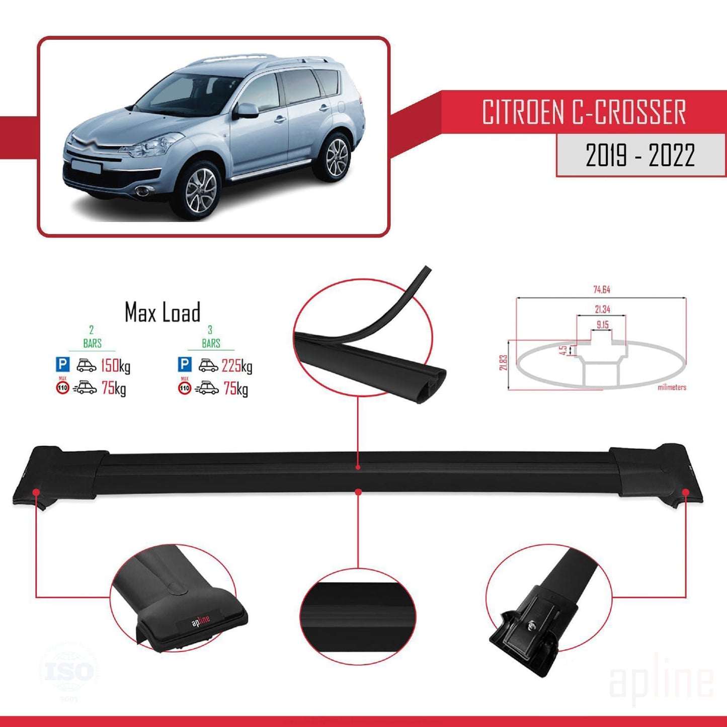 Compatibile con Citroen Berlingo 3 (K9) 2019-2022 modello FLY Barre portatutto per auto Portapacchi in alluminio nero 2 barre