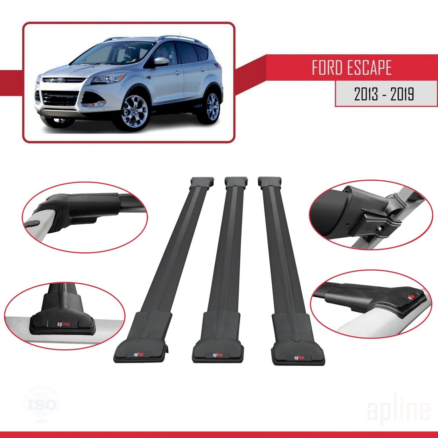 Compatibile con Ford Escape 3 2013-2019 modello FLY Barre portatutto per auto Portapacchi in alluminio nero 3 barre