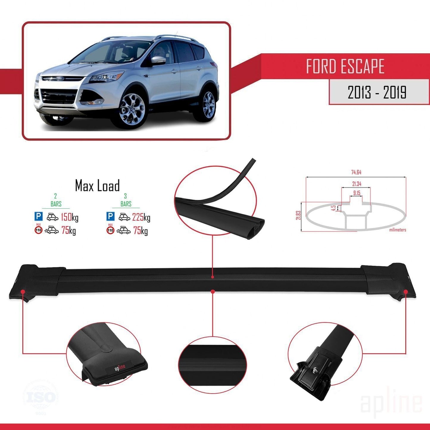 Compatibile con Ford Escape 3 2013-2019 modello FLY Barre portatutto per auto Portapacchi in alluminio nero 2 barre