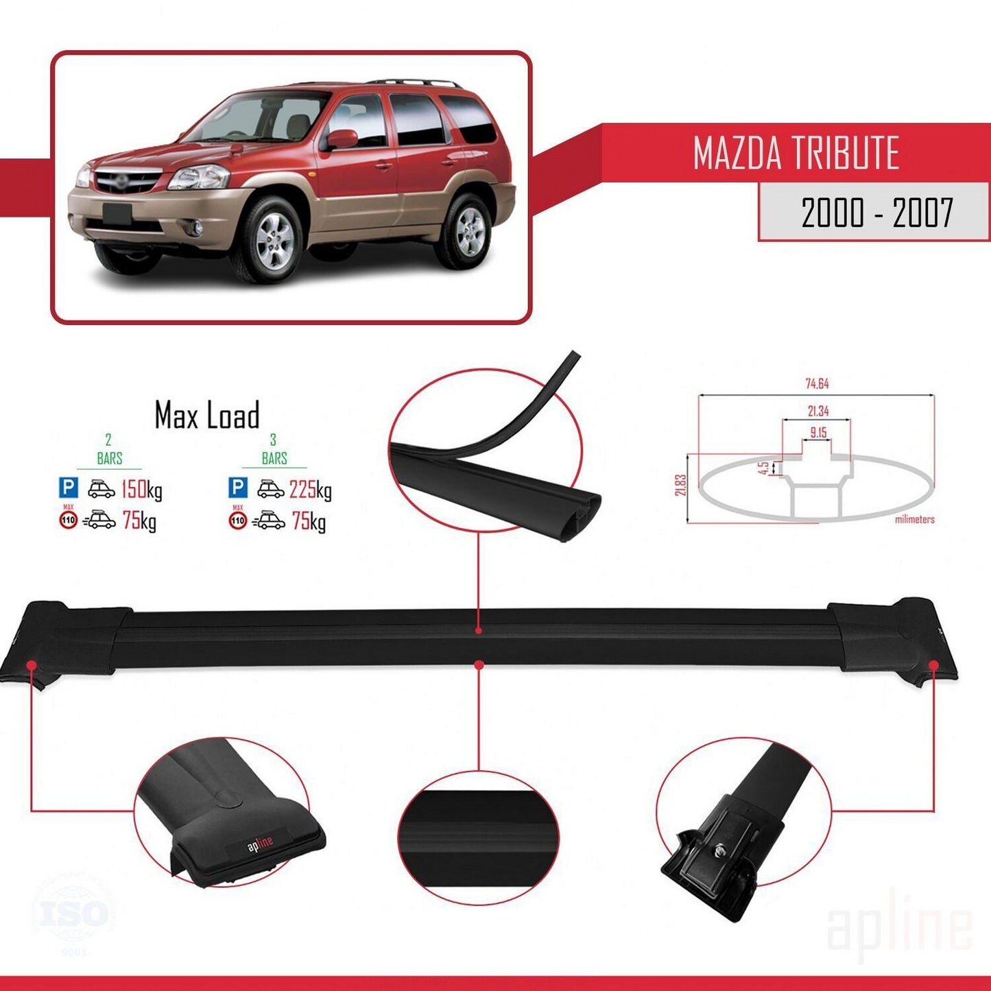 Compatible avec Mazda Tribute 2000-2007 FLY Model Barres de Toit Railing Porte-Bagages de Voiture Noir Aluminium 2 Barres