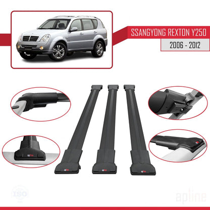 Compatible avec Ssangyong Rexton (Y250) 2006-2012 FLY Model Barres de Toit Railing Porte-Bagages de Voiture Noir Aluminium 3 Barres