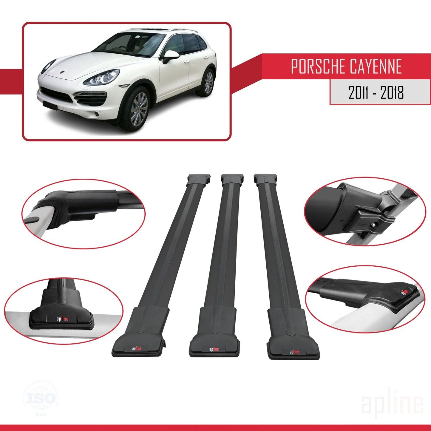 Compatible avec Porsche Cayenne 2 (92A) 2011-2018 FLY Model Barres de Toit Railing Porte-Bagages de Voiture Noir Aluminium 3 Barres