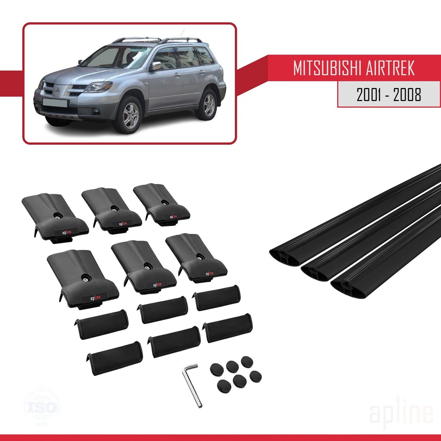 Compatible with Mitsubishi Airtrek 2001-2008 FLY Model Car Roof Rack Cross Bar Black Aluminium 3 Bars