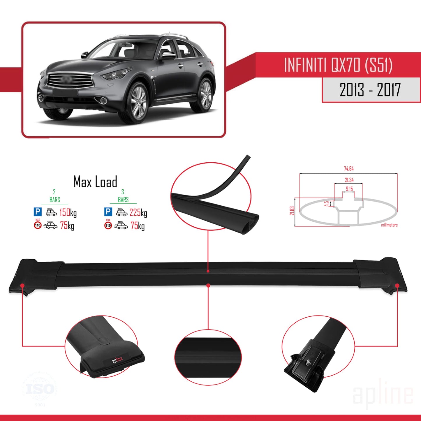 Compatible avec Infiniti QX70 (S51) 2013-2017 FLY Model Barres de Toit Railing Porte-Bagages de Voiture Noir Aluminium 2 Barres