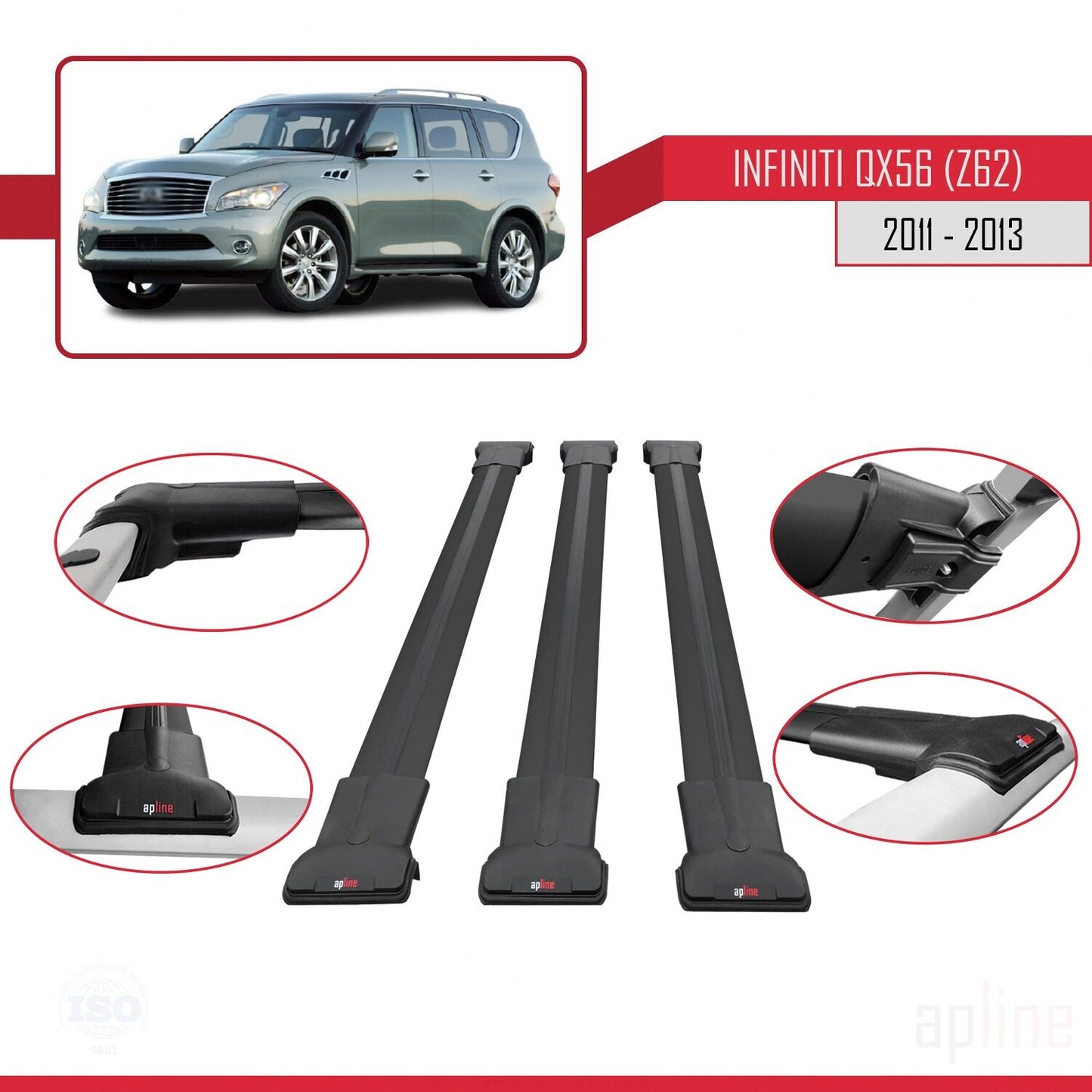 Compatibile con Infiniti QX56 (Z62) 2011-2013 modello FLY Barre portatutto per auto Portapacchi in alluminio nero 3 barre