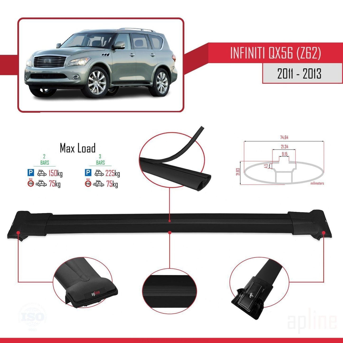 Compatibile con Infiniti QX56 (Z62) 2011-2013 modello FLY Barre portatutto per auto Portapacchi in alluminio nero 2 barre