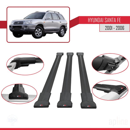 Compatibile con Hyundai Santa Fe (SM) 2001-2006 modello FLY Barre portatutto per auto Portapacchi in alluminio nero 3 barre