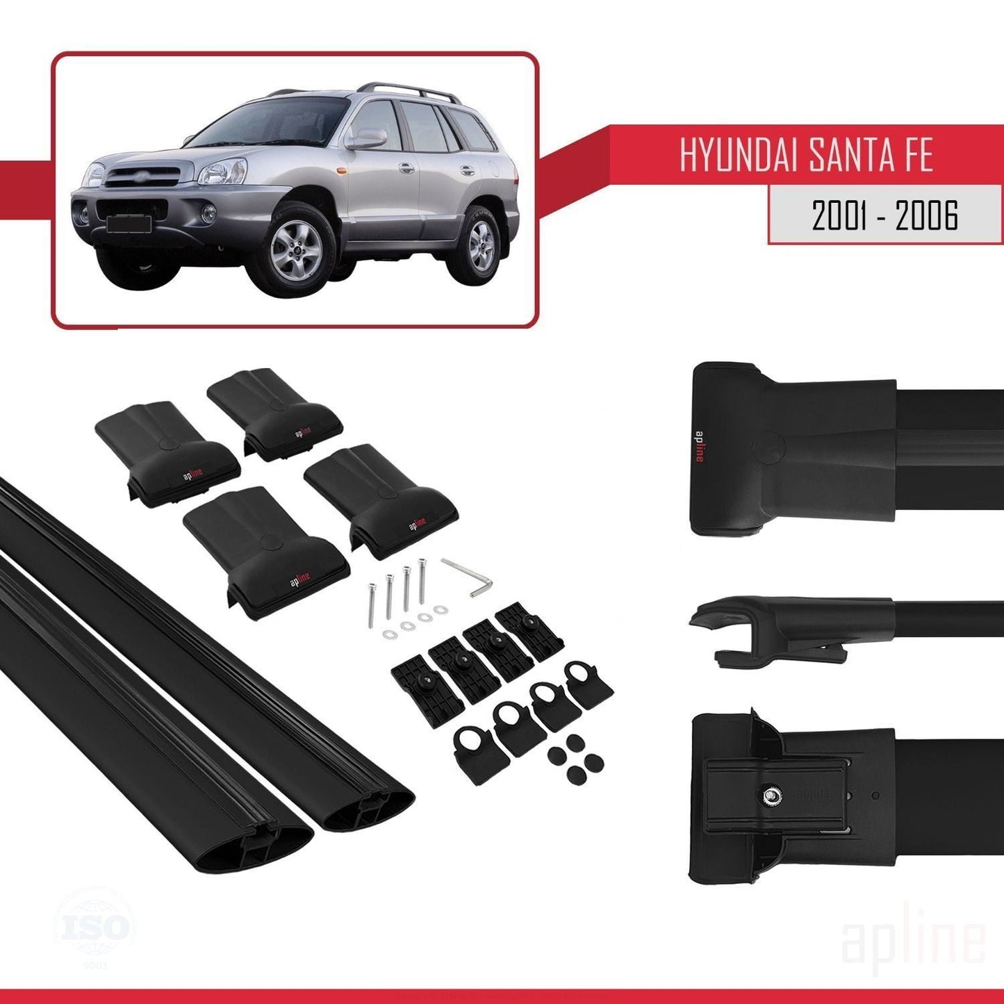 Compatibile con Hyundai Santa Fe (SM) 2001-2006 modello FLY Barre portatutto per auto Portapacchi in alluminio nero 2 barre