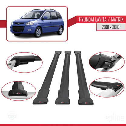 Compatibile con Hyundai Matrix (FC) 2001-2010 modello FLY Barre portatutto per auto Portapacchi in alluminio nero 3 barre