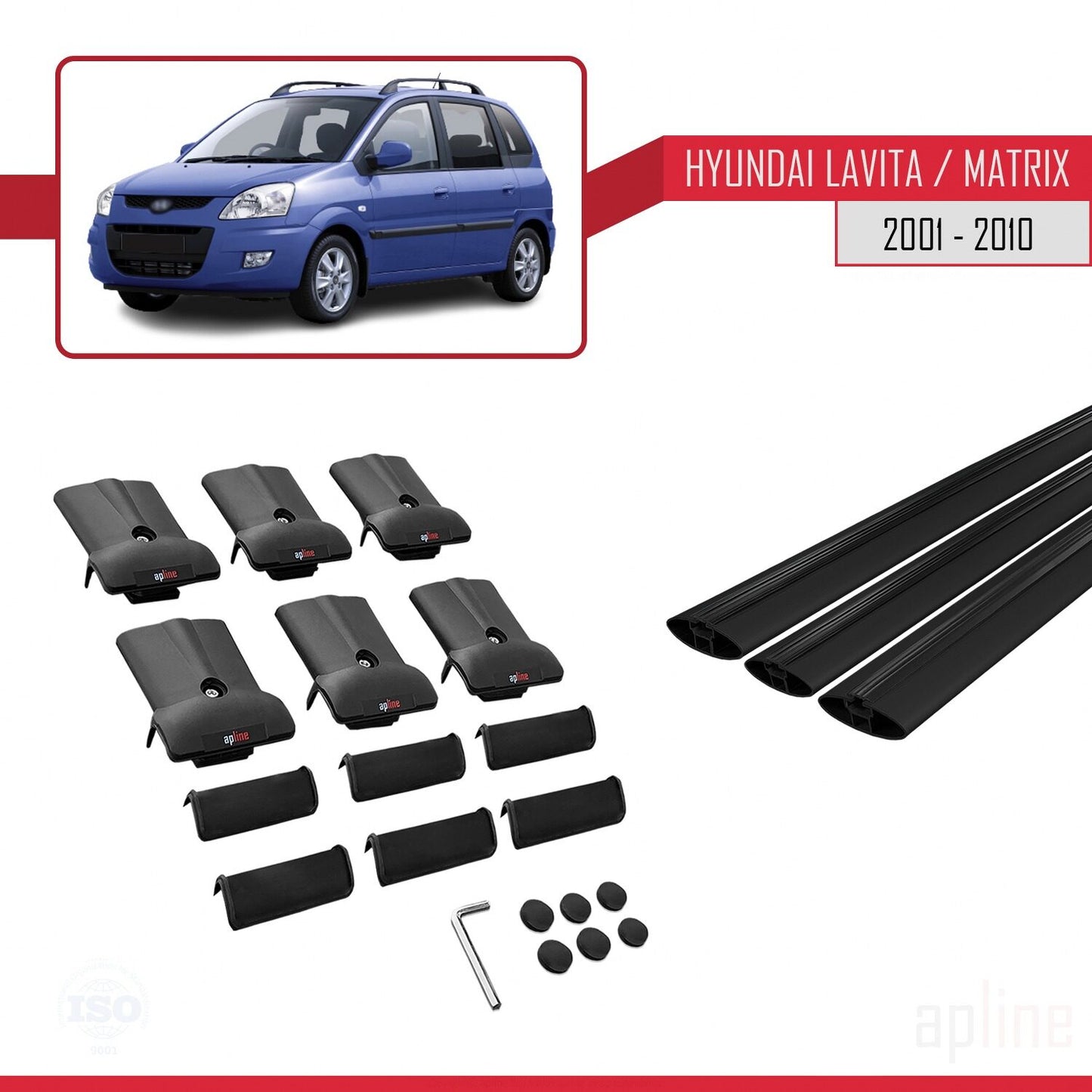 Compatibile con Hyundai Matrix (FC) 2001-2010 modello FLY Barre portatutto per auto Portapacchi in alluminio nero 3 barre