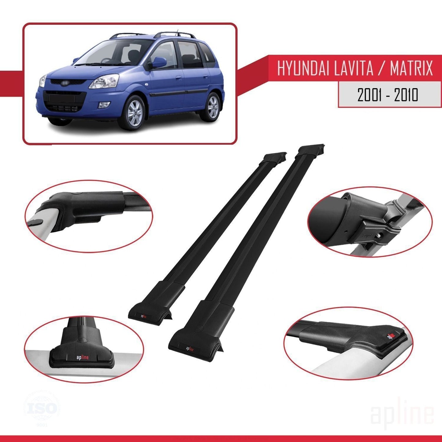 Compatibile con Hyundai Matrix (FC) 2001-2010 modello FLY Barre portatutto per auto Portapacchi in alluminio nero 2 barre