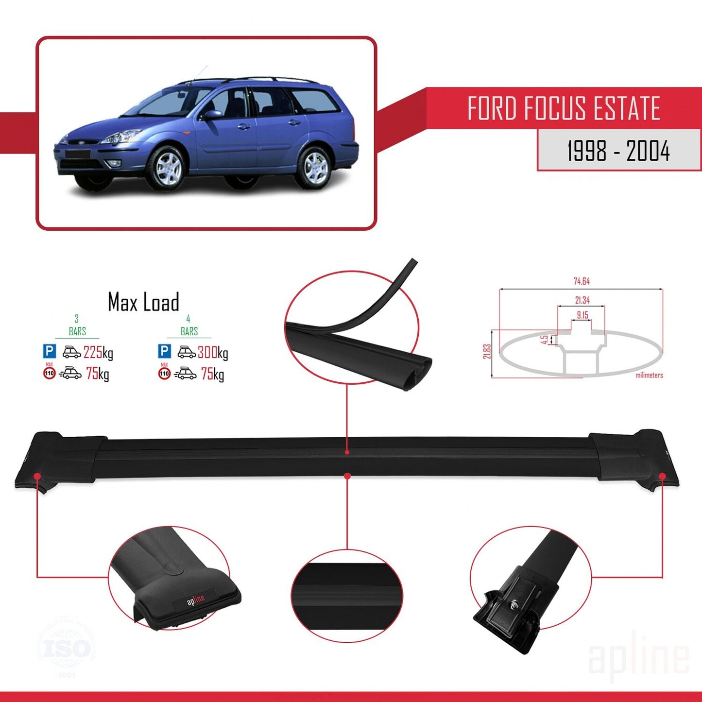 Compatibile con Ford Focus (C170) Station Wagon 1998-2004 modello FLY Barre portatutto per auto Portapacchi in alluminio nero 3 barre