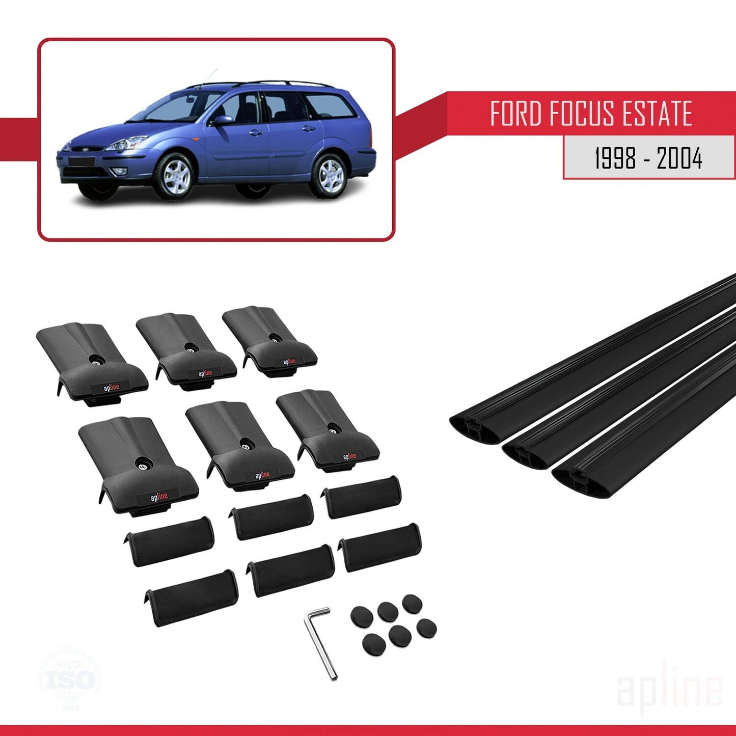 Compatibile con Ford Focus (C170) Station Wagon 1998-2004 modello FLY Barre portatutto per auto Portapacchi in alluminio nero 3 barre