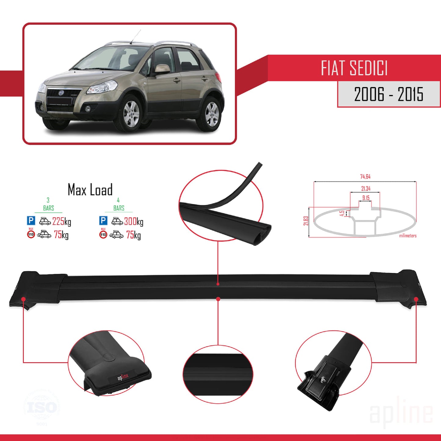 Compatibile con Fiat Sedici 2006-2015 modello FLY Barre portatutto Railing Portapacchi per auto Alluminio nero 3 barre