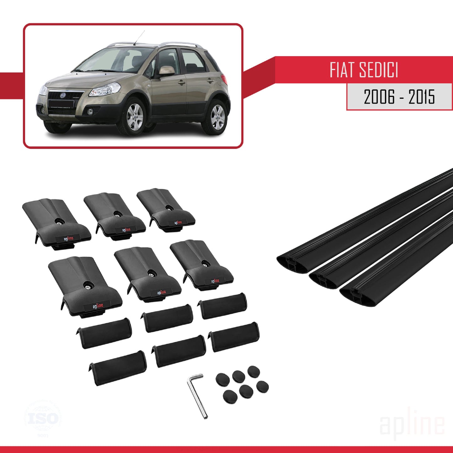 Compatibile con Fiat Sedici 2006-2015 modello FLY Barre portatutto Railing Portapacchi per auto Alluminio nero 3 barre