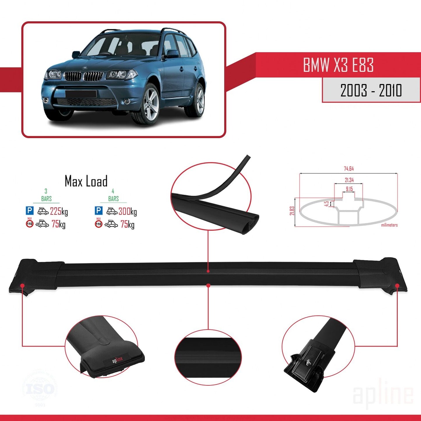 Compatibile con BMW X3 (E83) 2003-2010 modello FLY Barre portatutto per auto Portapacchi in alluminio nero 3 barre