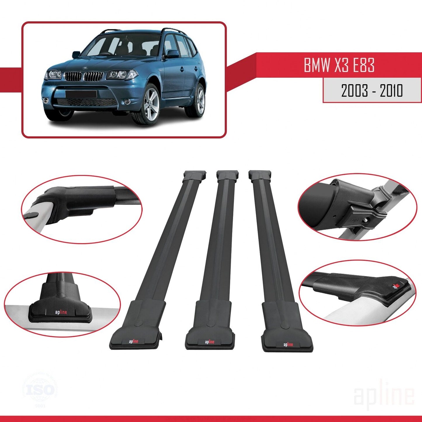Compatibile con BMW X3 (E83) 2003-2010 modello FLY Barre portatutto per auto Portapacchi in alluminio nero 3 barre