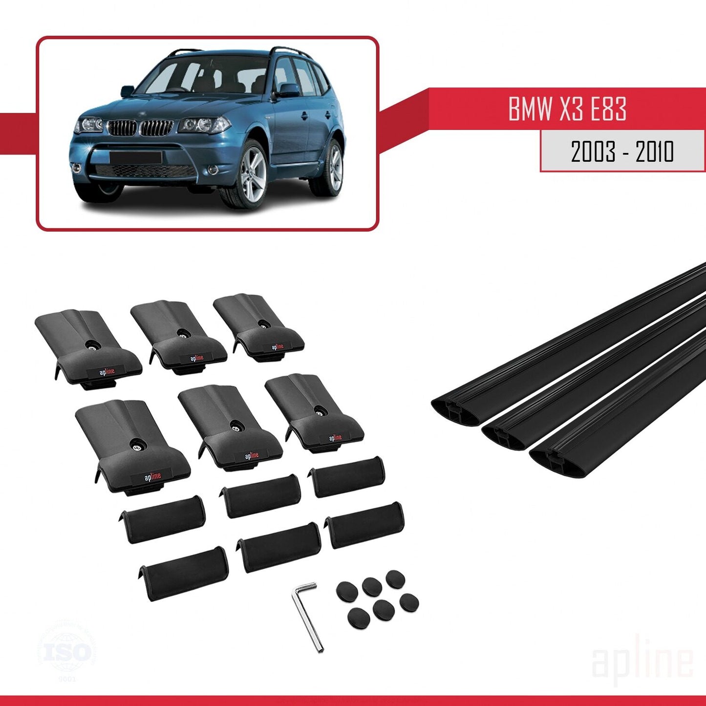 Compatibile con BMW X3 (E83) 2003-2010 modello FLY Barre portatutto per auto Portapacchi in alluminio nero 3 barre