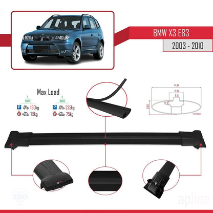Compatibile con BMW X3 (E83) 2003-2010 modello FLY Barre portatutto per auto Portapacchi in alluminio nero 2 barre