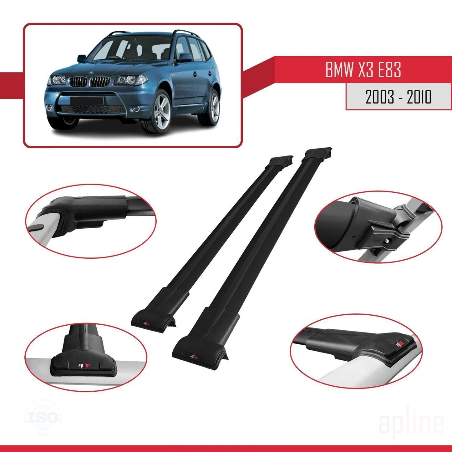 Compatibile con BMW X3 (E83) 2003-2010 modello FLY Barre portatutto per auto Portapacchi in alluminio nero 2 barre