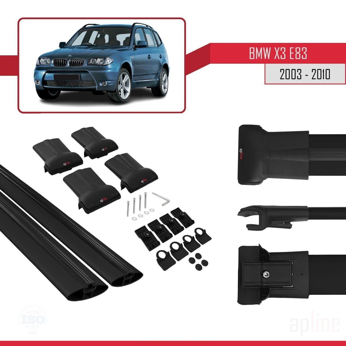 Compatibile con BMW X3 (E83) 2003-2010 modello FLY Barre portatutto per auto Portapacchi in alluminio nero 2 barre