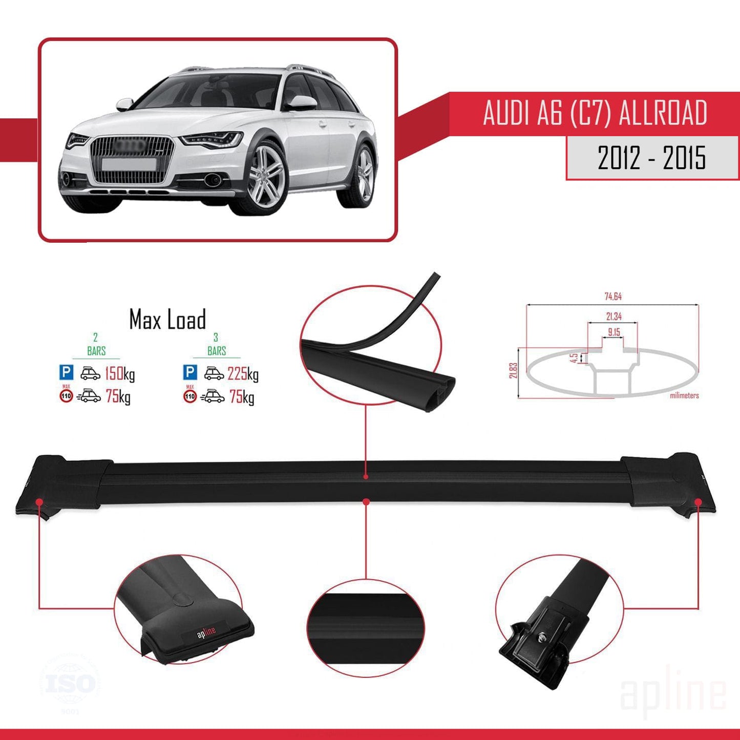 Compatibile con A6 (C7) Allroad 2012-2015 modello FLY Barre portatutto per auto Portapacchi in alluminio nero 2 barre