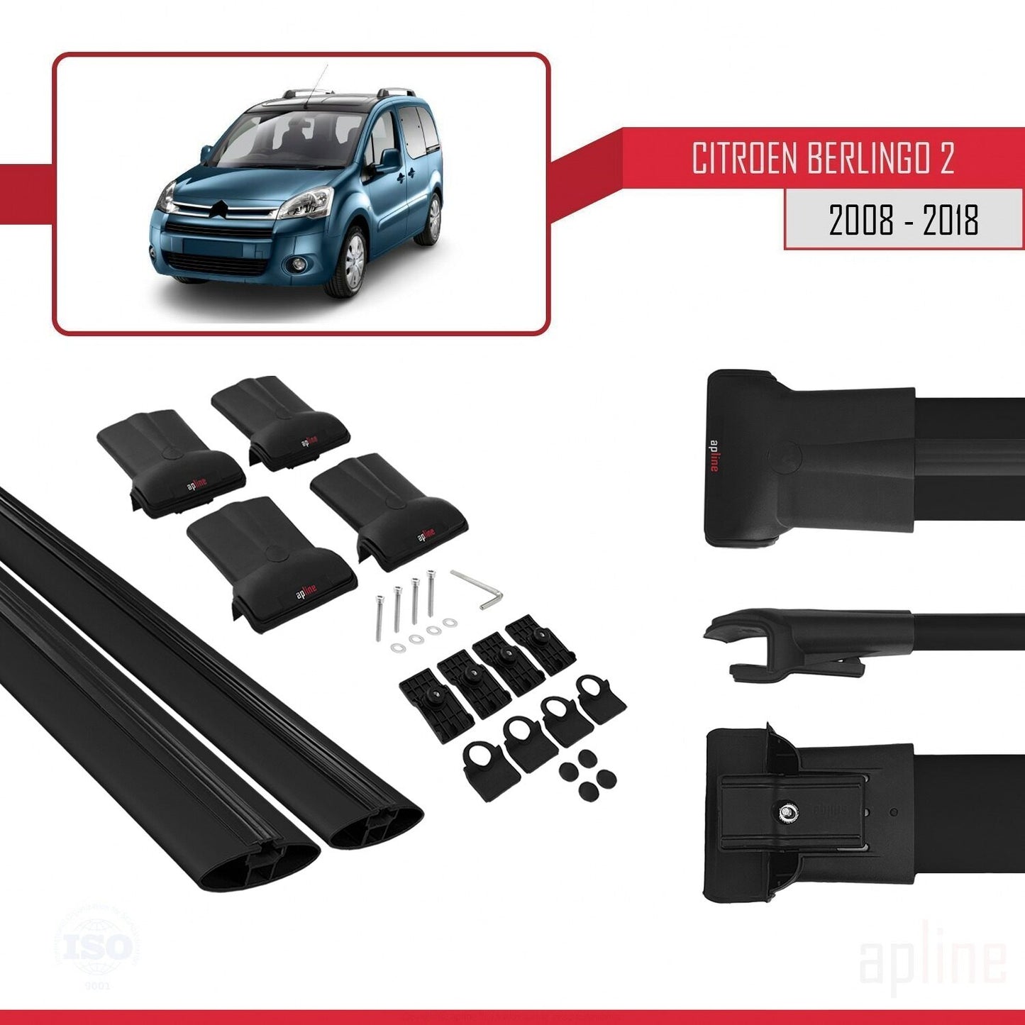 Compatibile con Citroen Berlingo 2 (B9) 2008-2018 modello FLY Barre portatutto per auto Portapacchi in alluminio nero 2 barre