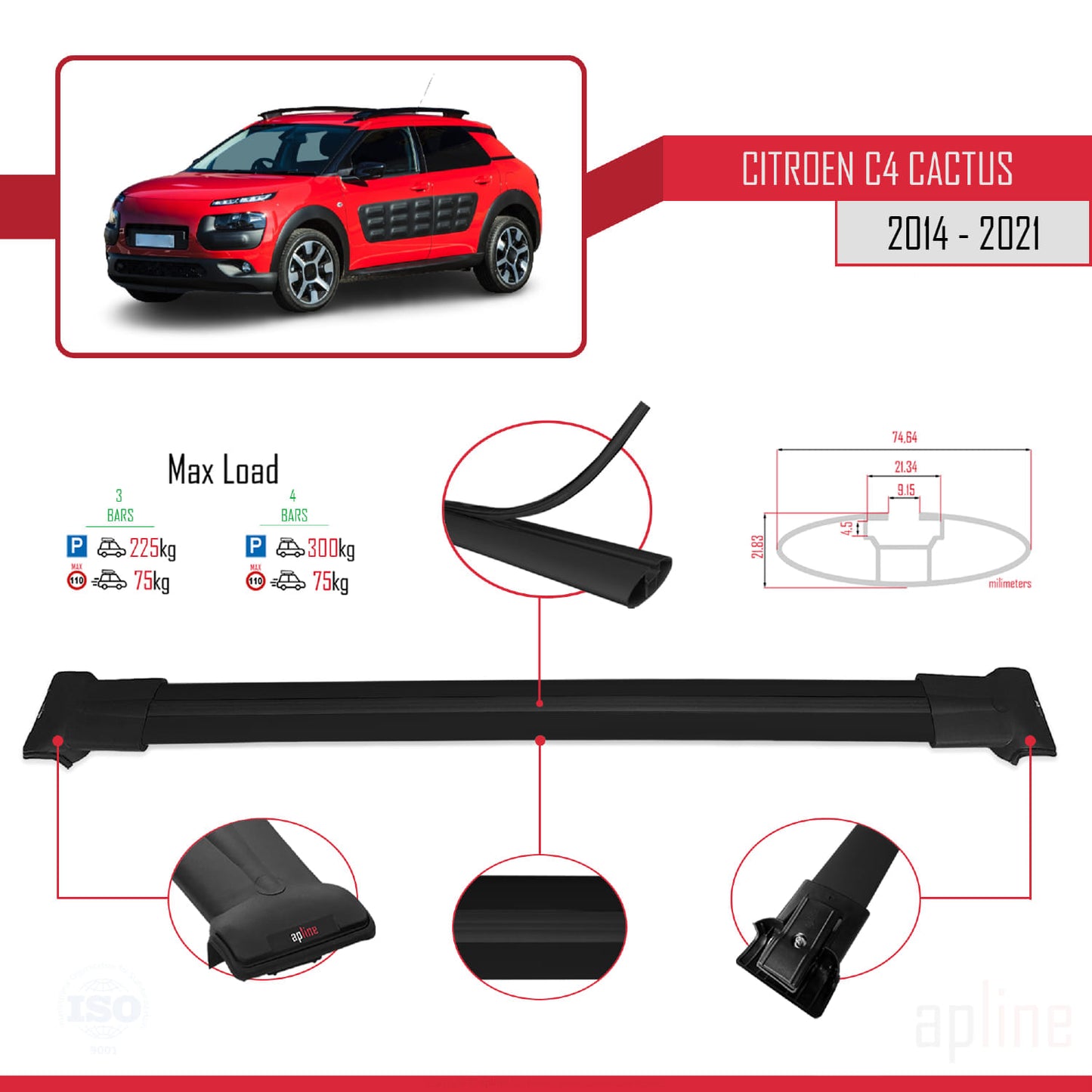 Compatibile con Citroen C4 Cactus 2014-2021 modello FLY Barre portatutto per auto Portapacchi in alluminio nero 3 barre