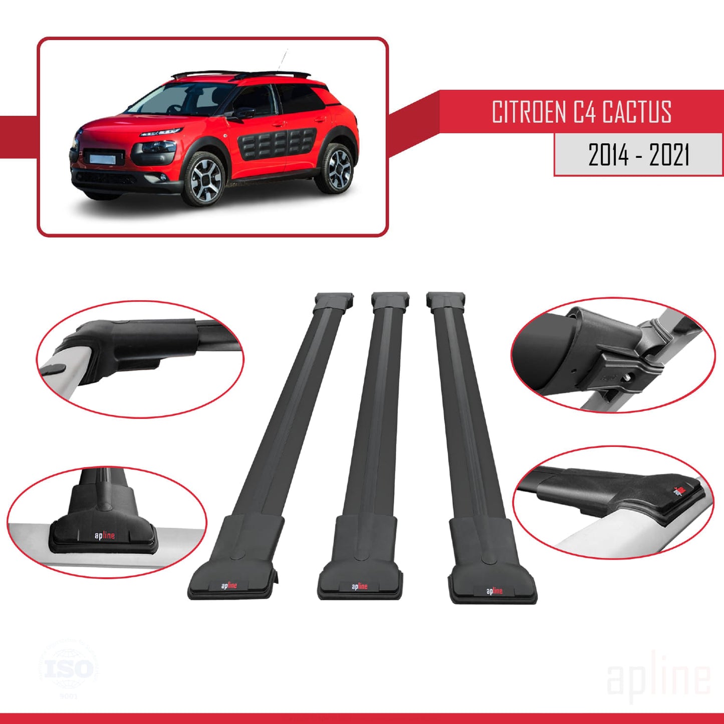 Compatibile con Citroen C4 Cactus 2014-2021 modello FLY Barre portatutto per auto Portapacchi in alluminio nero 3 barre