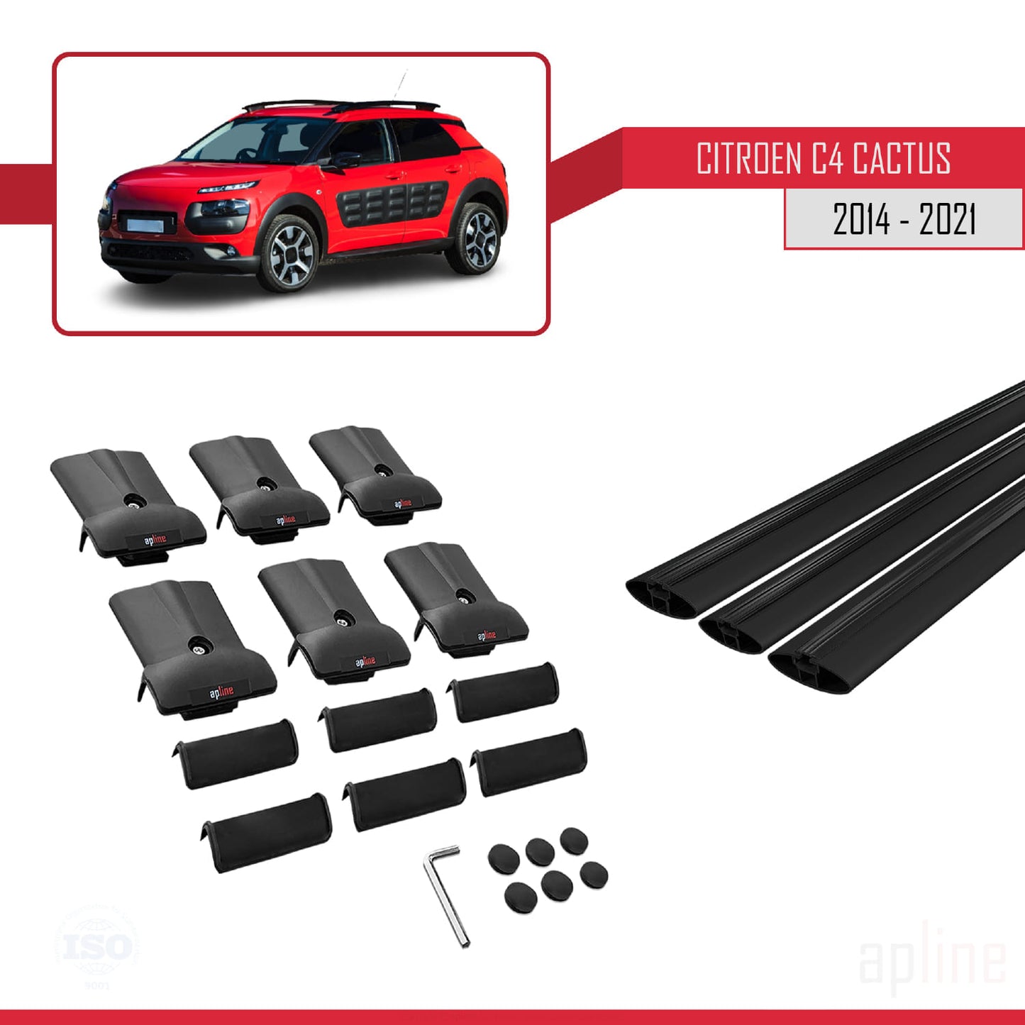 Compatibile con Citroen C4 Cactus 2014-2021 modello FLY Barre portatutto per auto Portapacchi in alluminio nero 3 barre