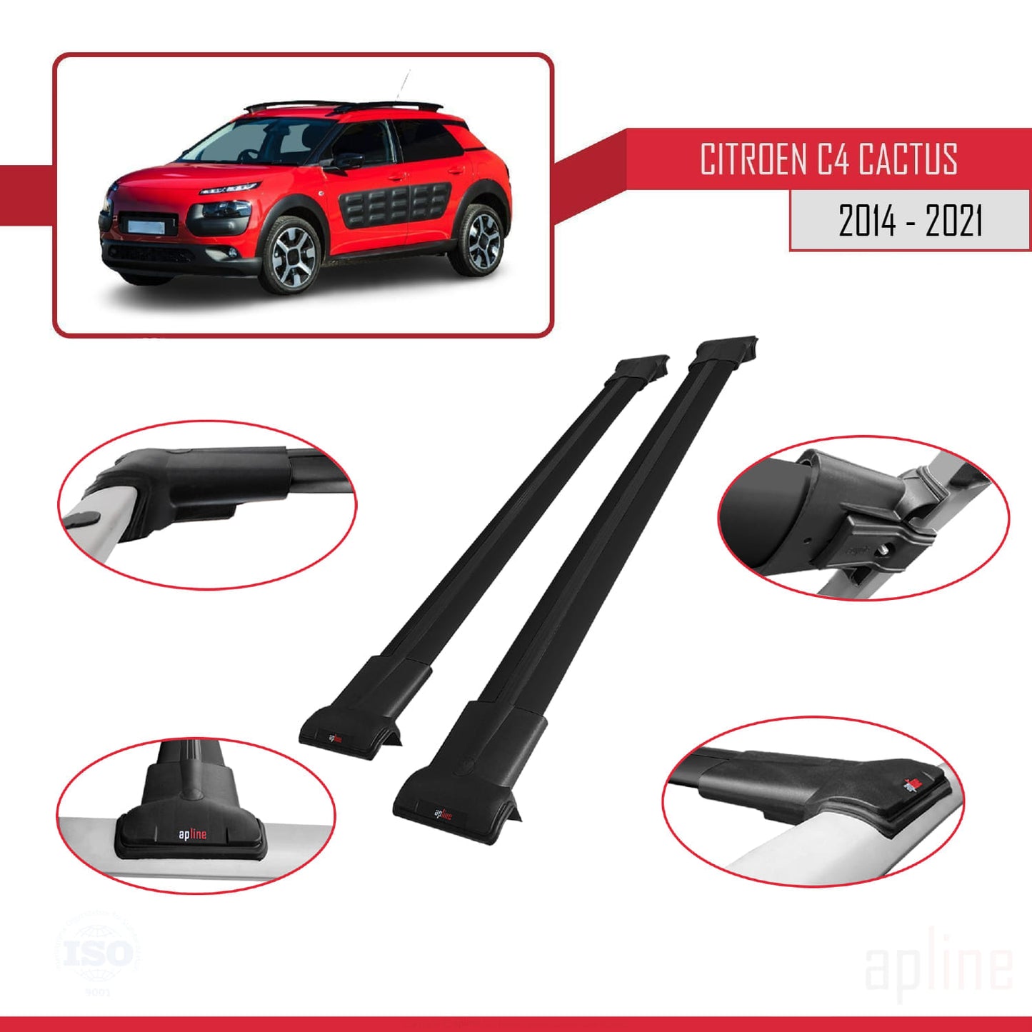 Compatibile con Citroen C4 Cactus 2014-2021 modello FLY Barre portatutto per auto Portapacchi in alluminio nero 2 barre