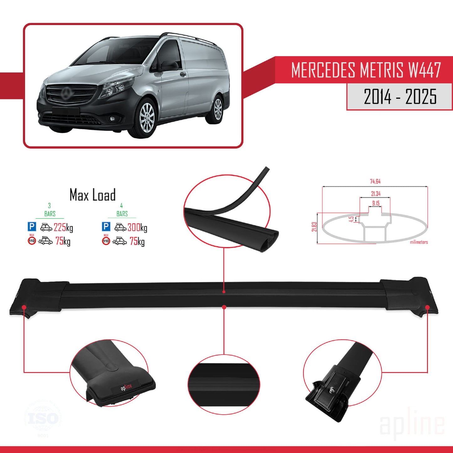 Compatible with Mercedes Metris (W447) 2014-2025 FLY Model Car Roof Rack Cross Bar Black Aluminium 3 Bars