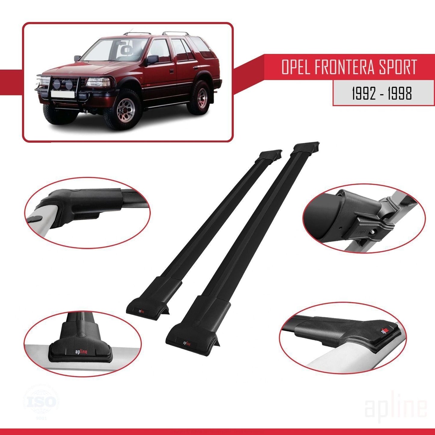Compatible avec Opel Frontera Sport 1992-1998 FLY Model Barres de Toit Railing Porte-Bagages de Voiture Noir Aluminium 2 Barres