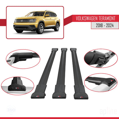 Compatible avec Volkswagen Teramont (CA1) 2018-2024 FLY Model Barres de Toit Railing Porte-Bagages de Voiture Noir Aluminium 3 Barres