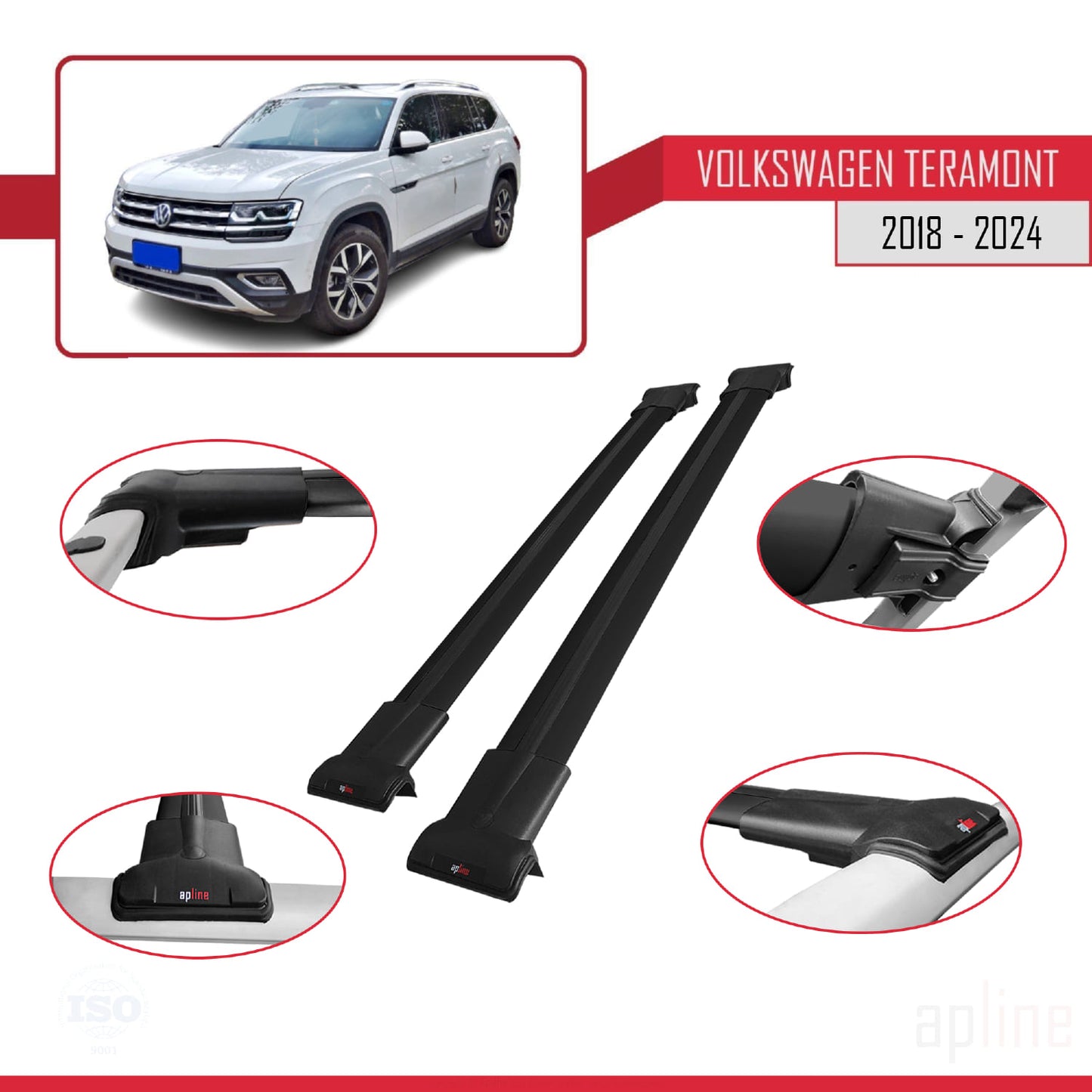 Compatible avec Volkswagen Teramont (CA1) 2018-2024 FLY Model Barres de Toit Railing Porte-Bagages de Voiture Noir Aluminium 2 Barres