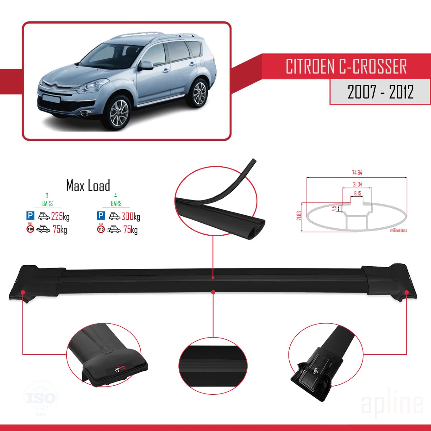 Compatibile con Citroen C-Crosser 2007-2012 modello FLY Barre portatutto per auto Portapacchi in alluminio nero 3 barre