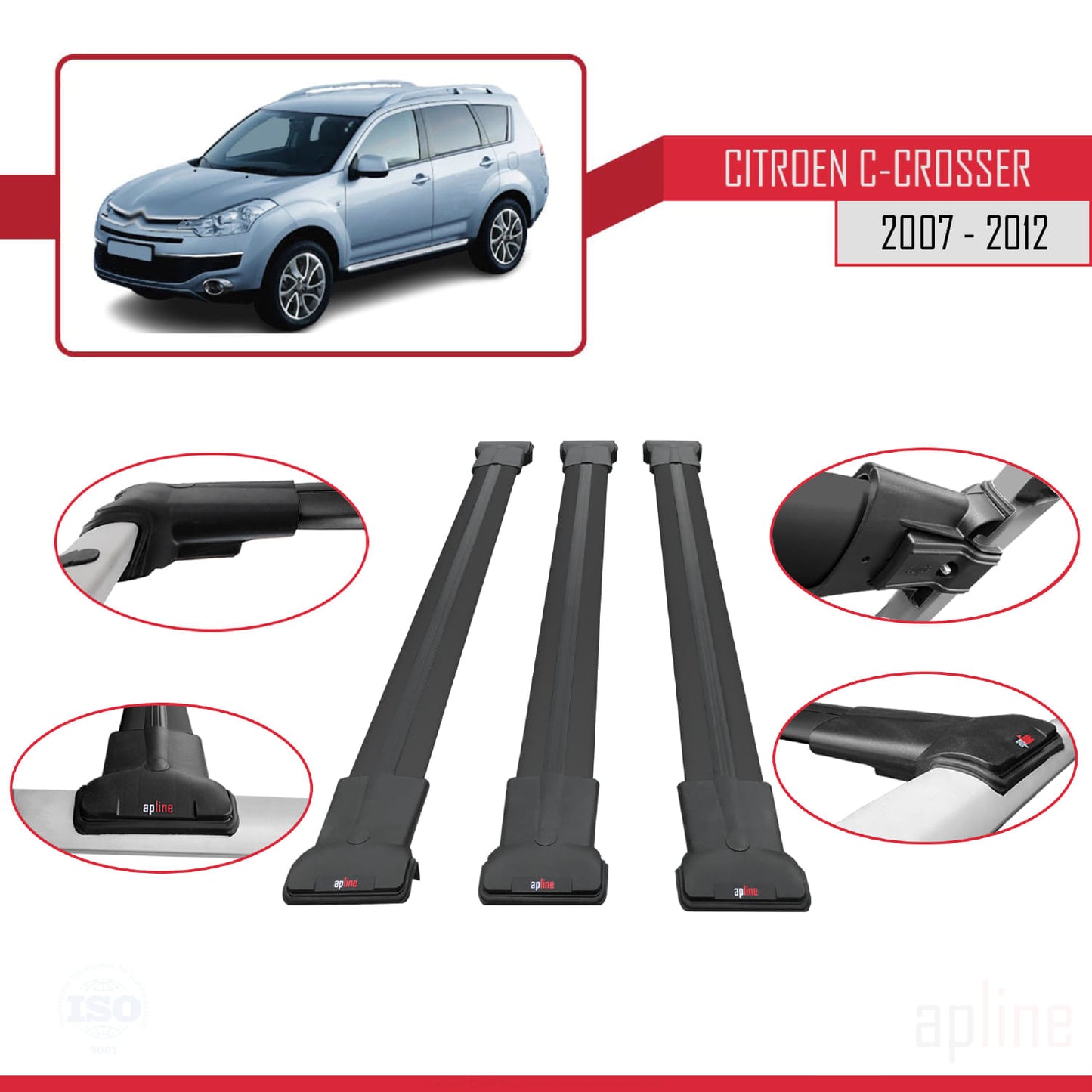 Compatibile con Citroen C-Crosser 2007-2012 modello FLY Barre portatutto per auto Portapacchi in alluminio nero 3 barre