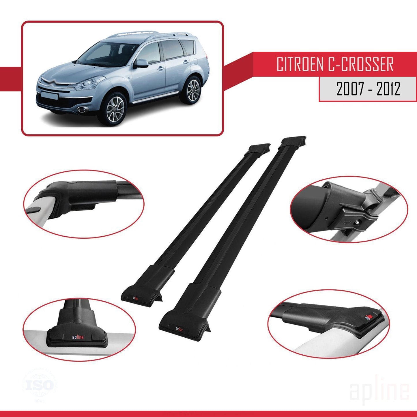 Compatibile con Citroen C-Crosser 2007-2012 modello FLY Barre portatutto per auto Portapacchi in alluminio nero 2 barre