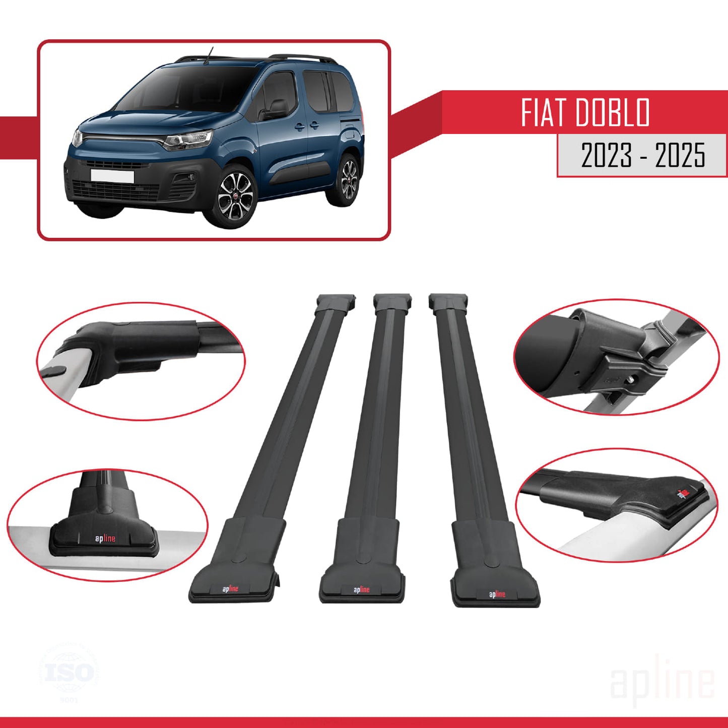 Compatibile con Fiat Doblo 3 2023-2025 Modello FLY Barre Portatutto Railing Portapacchi Auto Alluminio Nero 3 Barre