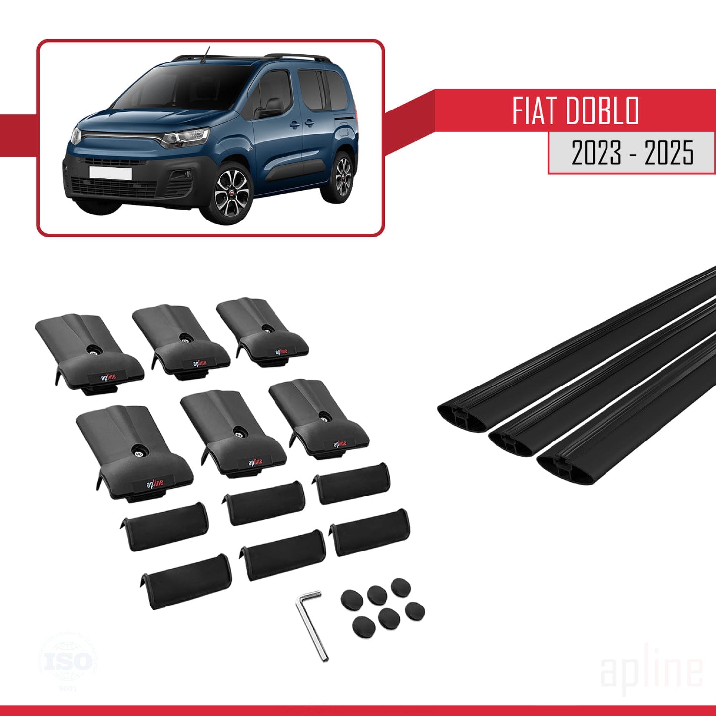 Compatibile con Fiat Doblo 3 2023-2025 Modello FLY Barre Portatutto Railing Portapacchi Auto Alluminio Nero 3 Barre