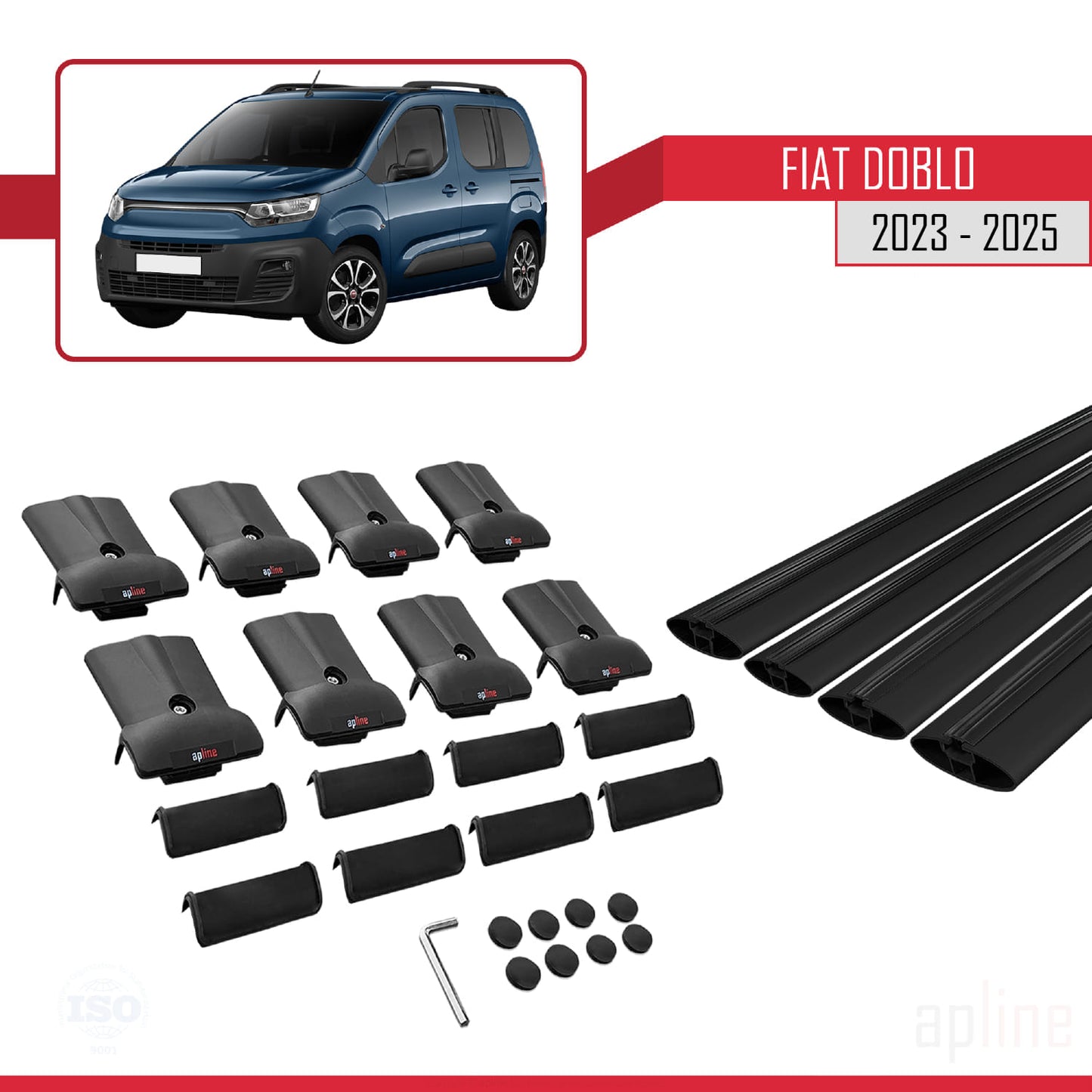 Compatibile con Fiat Doblo 3 2023-2025 Modello FLY Barre Portatutto Railing Portapacchi Auto Alluminio Nero 4 Barre