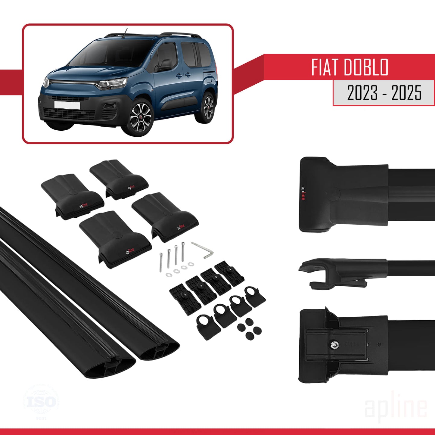 Compatibile con Fiat Doblo 3 2023-2025 Modello FLY Barre Portatutto Railing Portapacchi Auto Alluminio Nero 2 Barre