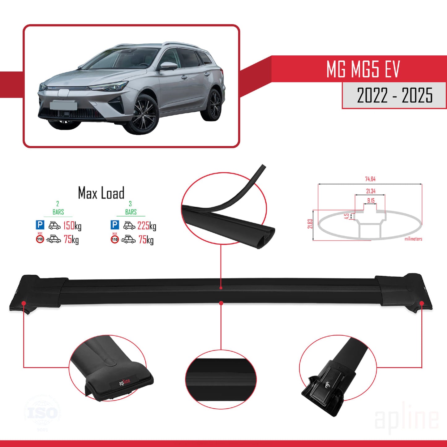 Compatible avec MG 5 EV 2022-2025 FLY Model Barres de Toit Railing Porte-Bagages de Voiture Noir Aluminium 2 Barres