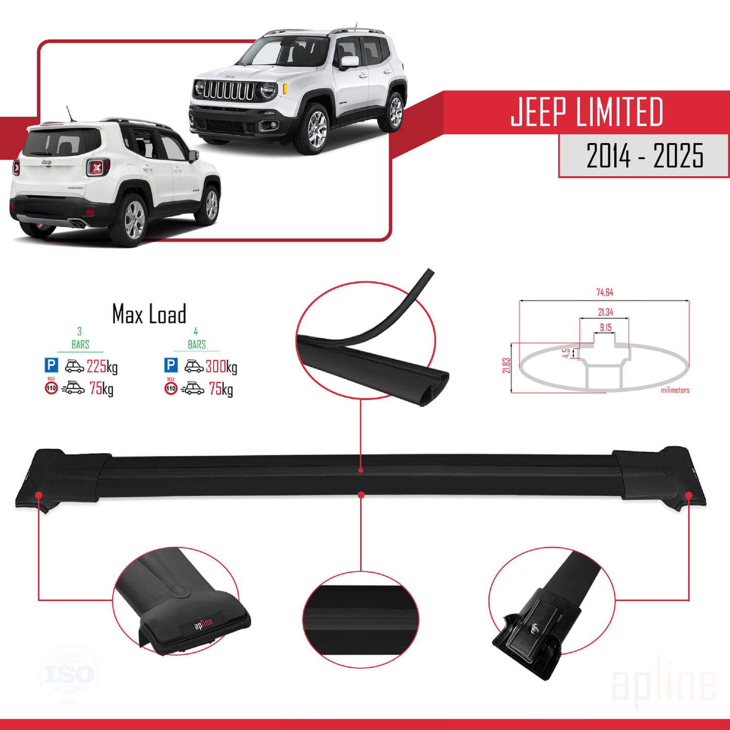 Compatible avec Jeep Limited 2014-2025 FLY Model Barres de Toit Railing Porte-Bagages de Voiture Noir Aluminium 3 Barres