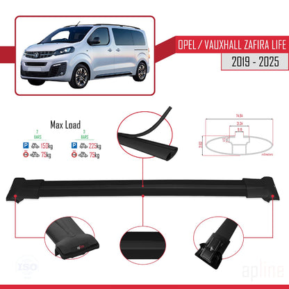 Compatible avec Opel Zafira Life 2019-2025 FLY Model Barres de Toit Railing Porte-Bagages de Voiture Noir Aluminium 2 Barres