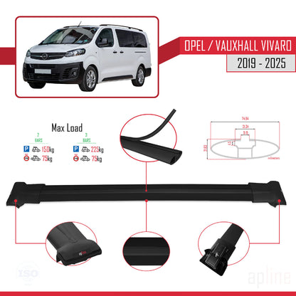 Compatible avec Opel Vivaro C 2019-2025 FLY Model Barres de Toit Railing Porte-Bagages de Voiture Noir Aluminium 2 Barres