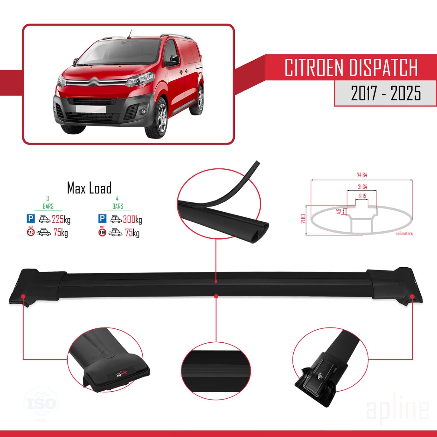 Compatibile con Citroen Dispatch (K0) 2017-2025 modello FLY Barre portatutto per auto Portapacchi in alluminio nero 3 barre