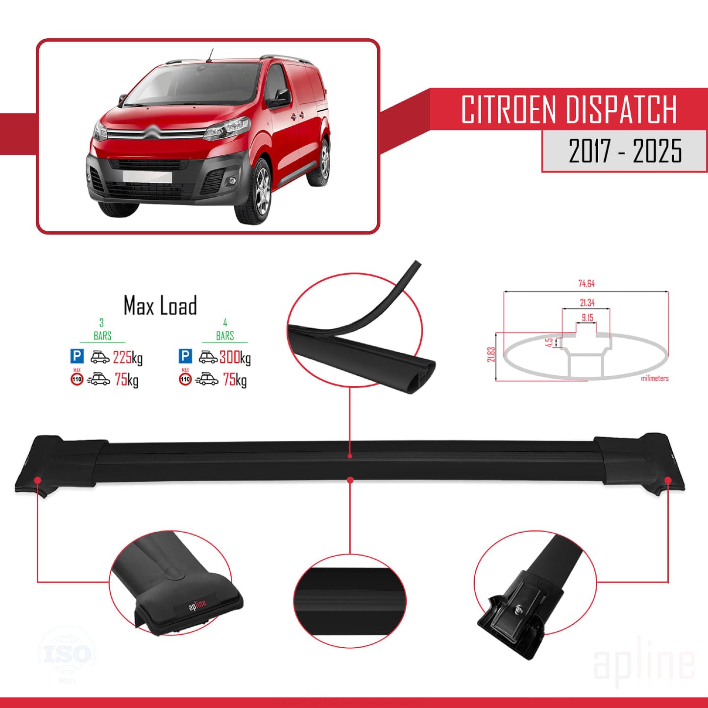 Compatibile con Citroen Dispatch (K0) 2017-2025 modello FLY Barre portatutto per auto Portapacchi in alluminio nero 4 barre