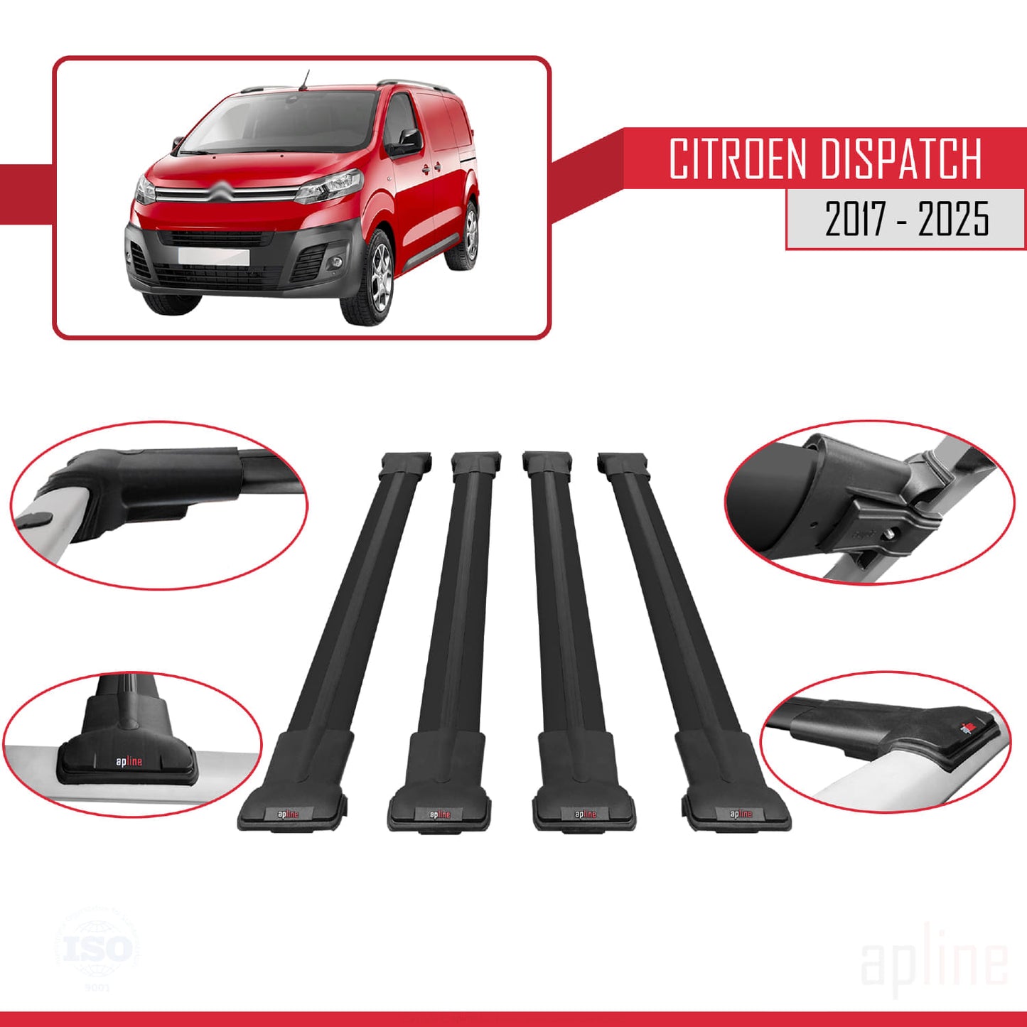 Compatibile con Citroen Dispatch (K0) 2017-2025 modello FLY Barre portatutto per auto Portapacchi in alluminio nero 4 barre