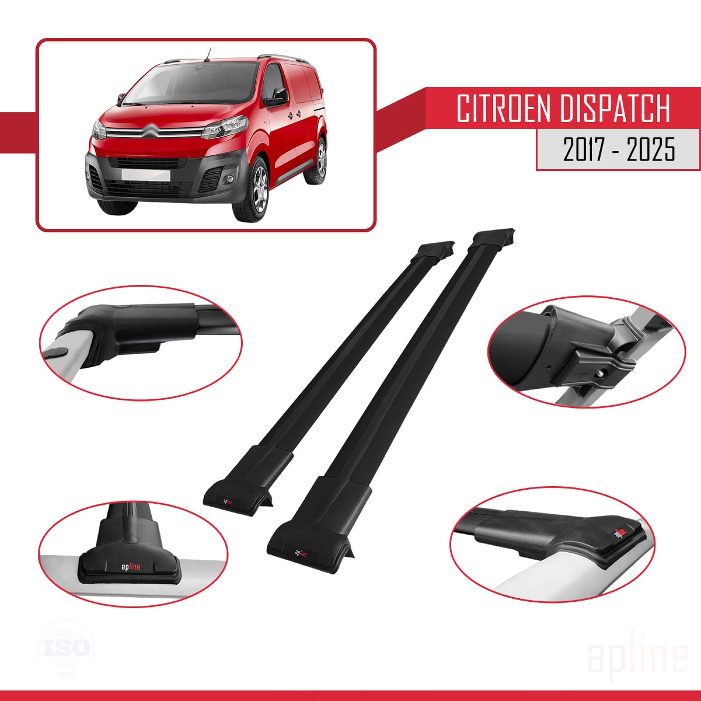 Compatibile con Citroen Dispatch (K0) 2017-2025 modello FLY Barre portatutto per auto Portapacchi in alluminio nero 2 barre
